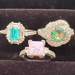 Dazzling Silver Ring Trio with Pink, Green, and Multicolor Stones